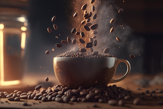 Coffee beans falling into a coffee cup over a pile of coffee