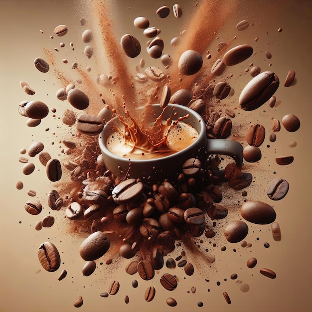 Фото Кофейные зерна падают в стакан и рассеиваются крупный план кофейных зернов на коричневом фоне