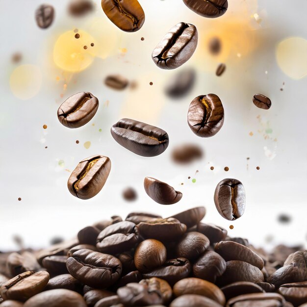 Coffee beans falling and levitating on white background high key