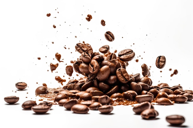 Coffee beans falling on a white background