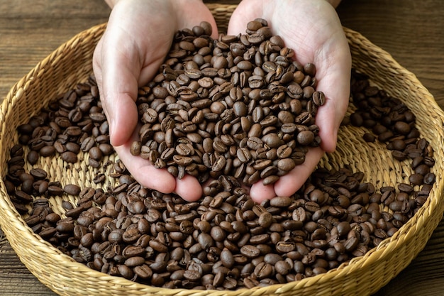 Coffee beans in female hands Female hands with roasted coffee beans