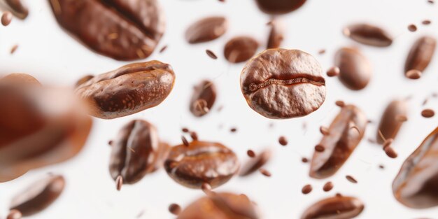 Coffee beans in flight blurred motion effect on white background