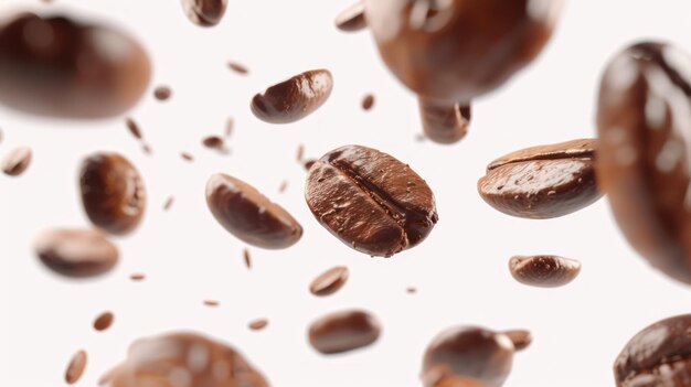飛行中のコーヒー豆は白い背景にぼんやりした動きの効果を生み出します