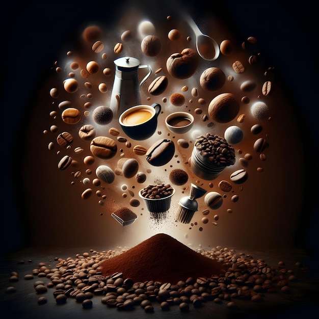 Coffee Beans in Flight on a Dark Background