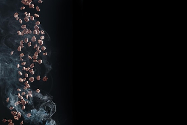 Coffee beans in flight on a dark background