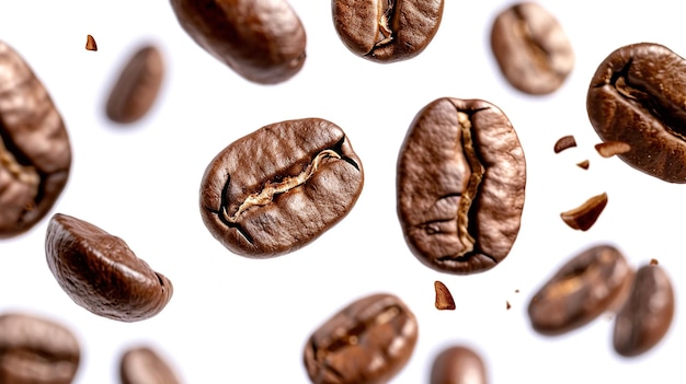 Photo coffee beans in flight on white background generative ai
