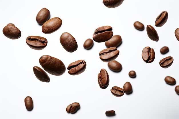 Coffee beans float on a white surface