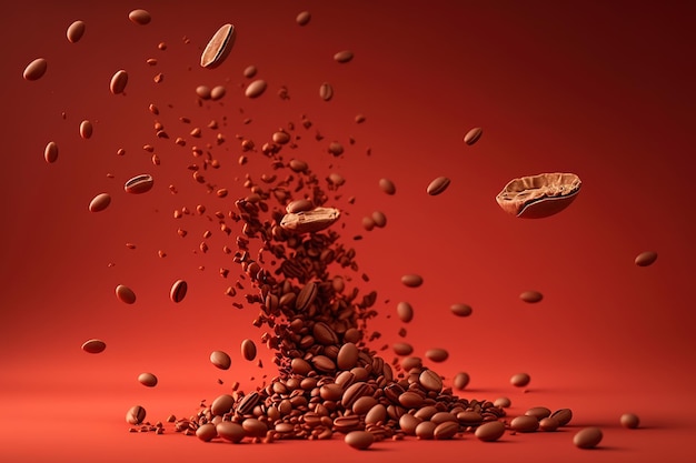 Coffee beans flying in the air on red background