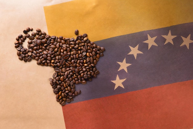 Coffee beans forming the map of venezuela on the venezuelan flag