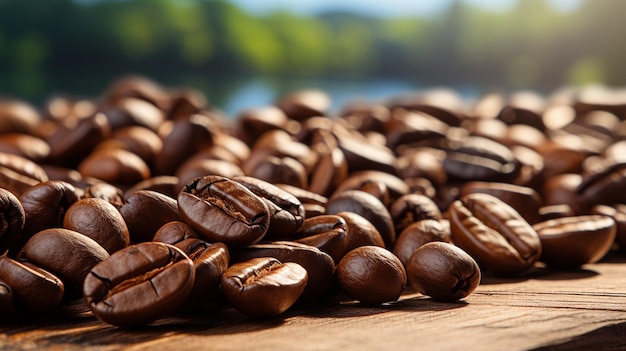 Coffee beans in a glass cup on a wooden backgroundgenerative ai