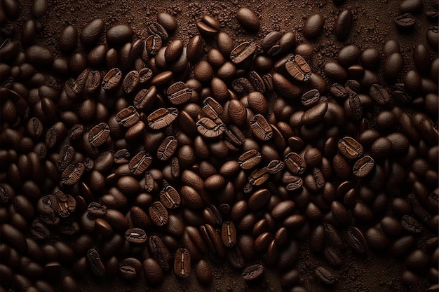 Coffee beans and ground coffee on a brown background Top view