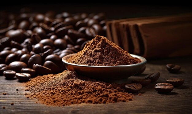 Coffee beans and ground coffee on wooden background Selective focus