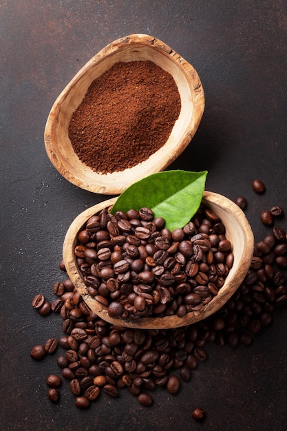 Coffee beans and ground powder