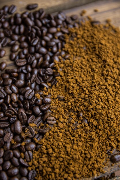 Coffee beans and grounds on a table