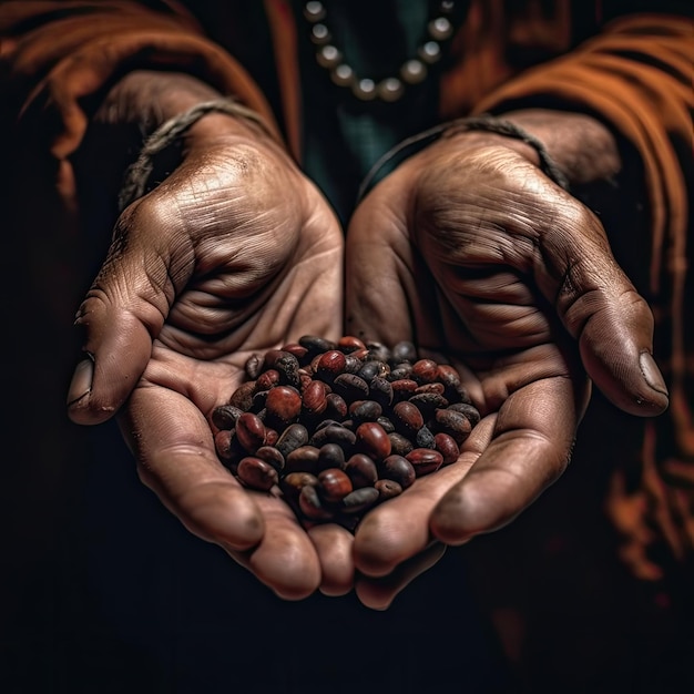 Coffee beans in hands of an old woman on a dark background