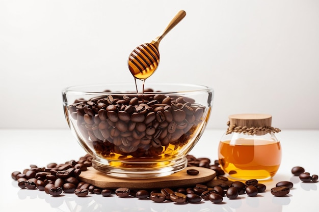 Coffee Beans and Honey In Glass Bowl