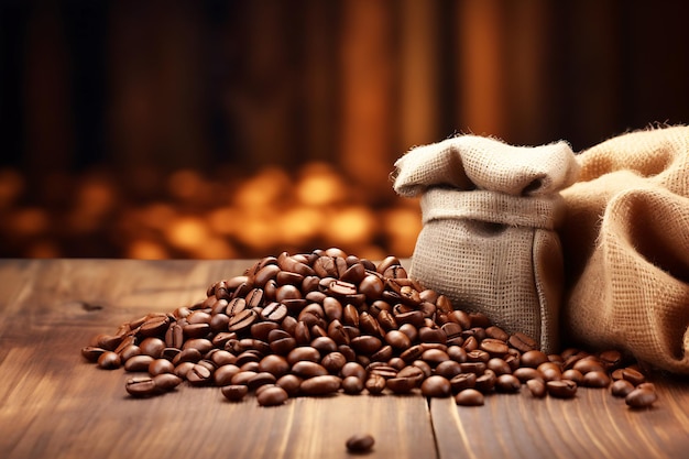 写真 コーヒー豆は木製のテーブルにコーヒー豆で満たされています