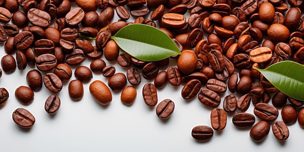 coffee beans and a leaf are on a table