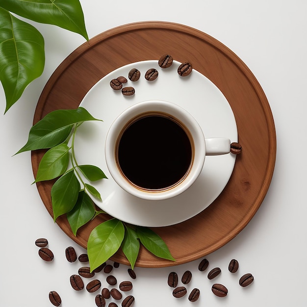 A coffee beans and leaf and glass of coffee in the corner side on white background generated by AI