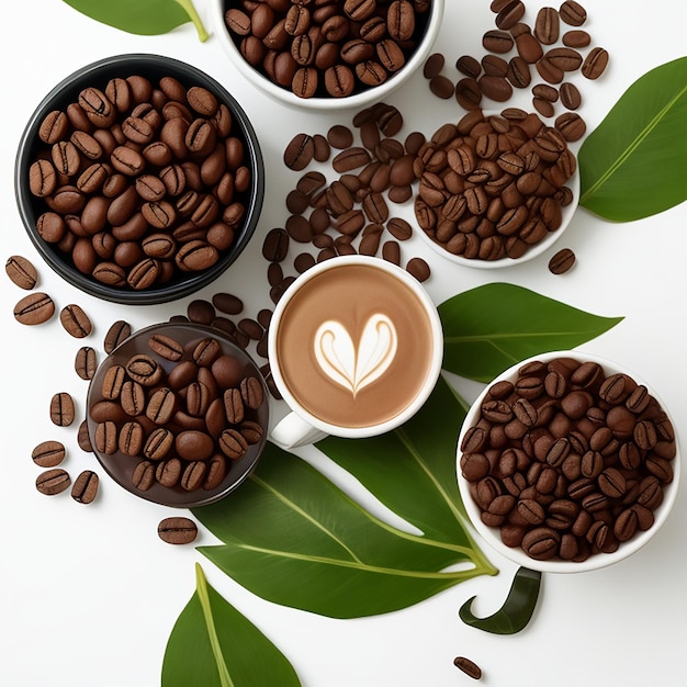 A coffee beans and leaf and glass of coffee in the corner side on white background generated by AI