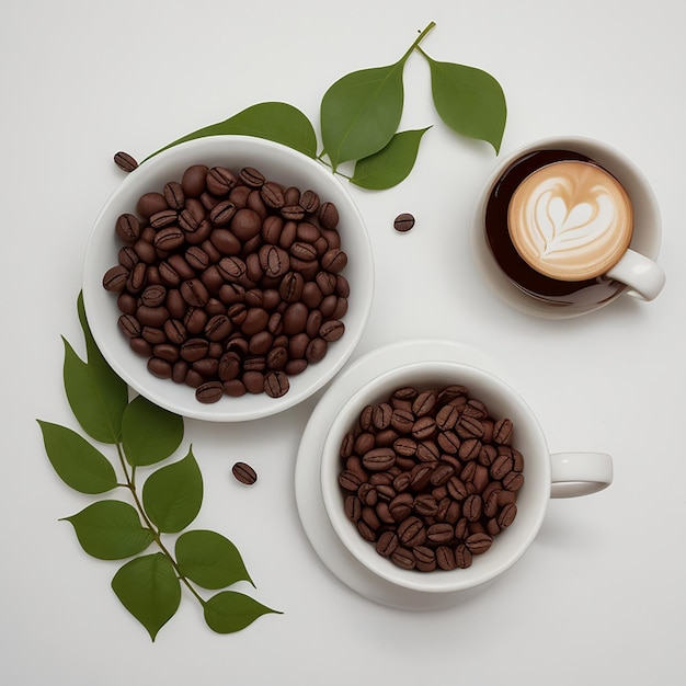 AI によって生成された白い背景の角側にあるコーヒー豆と葉とコーヒーのグラス