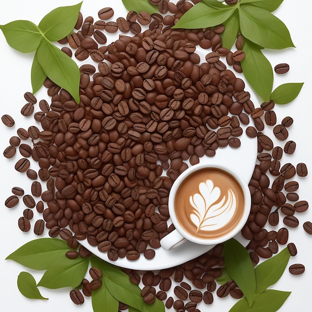 A coffee beans and leaf and glass of coffee in the corner side on white background generated by AI