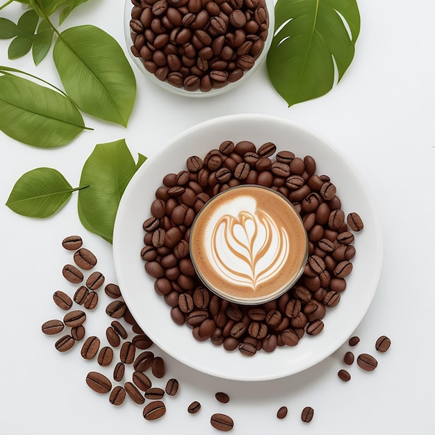 A coffee beans and leaf and glass of coffee in the corner side on white background generated by AI