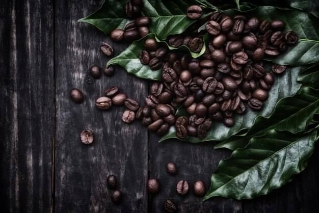 Coffee beans on leaf / Roasted coffee on dark wood