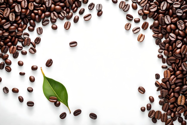 Coffee beans and leaf on white background copy space top view