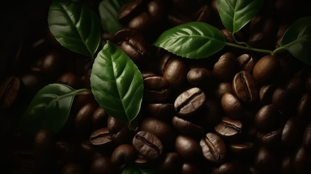 Coffee beans and leaves in a rustic setting Generative ai