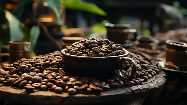 소박한 환경에서 커피 콩과 잎