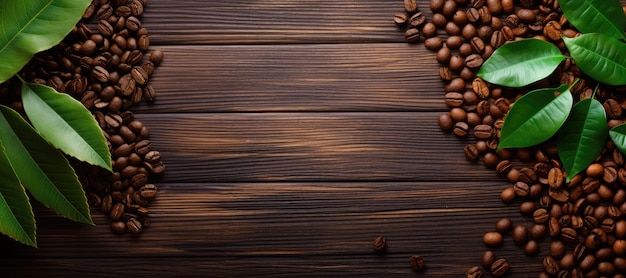 Foto chicchi di caffè e foglie su sfondo di legno vista dall'alto con spazio per la copia