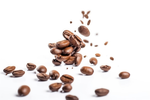 커피 콩은 흰색 배경 생성 인공 지능에 공중에 떠 있습니다.