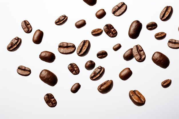 coffee beans levitate on a white background