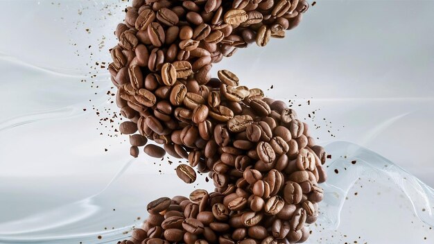 Coffee beans levitate on a white background