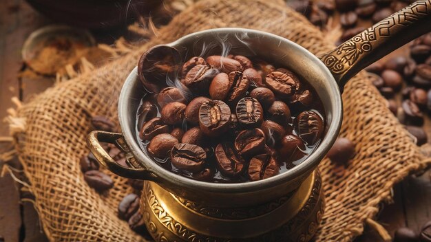 Photo coffee beans lie in cezve on the hessian