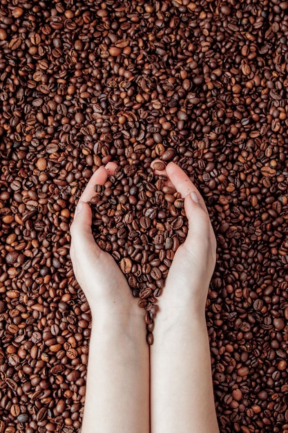 Coffee beans in man palms in form of a heart on coffee background