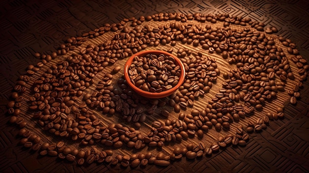 Coffee beans on a mat with a bowl of coffee beans on it