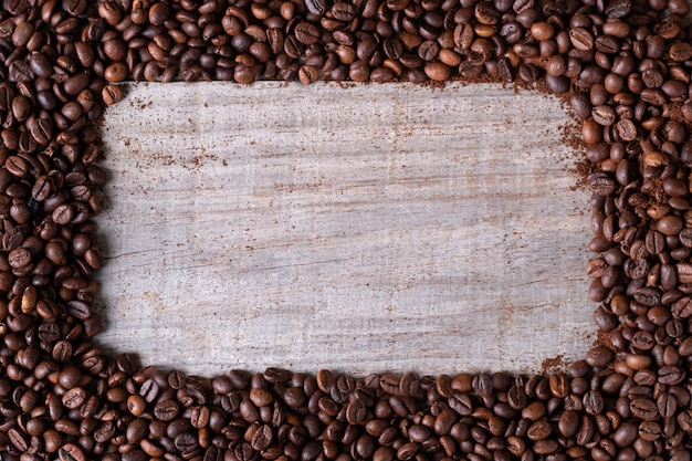 Coffee beans, in the middle wooden table