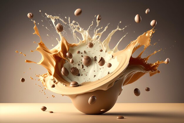 Кофейные зерна и молоко падают в брызги кофе AI Generation