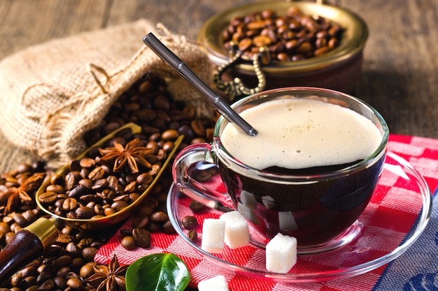 Coffee beans on an old background