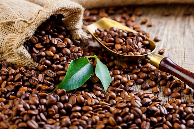 Coffee beans on an old background.