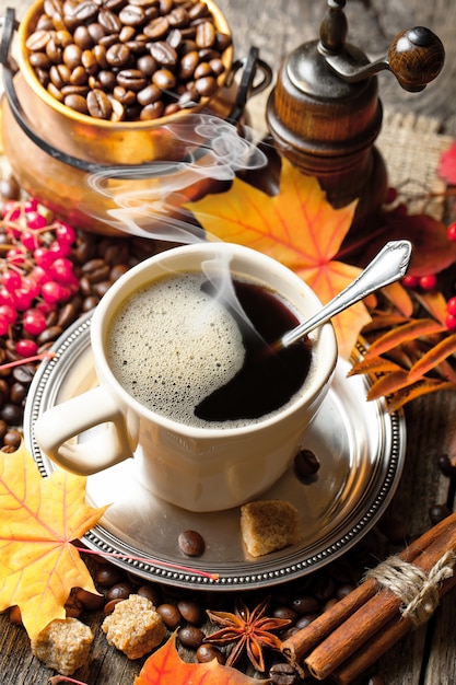 Coffee beans on an old background.