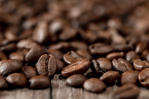 Coffee beans on old wood for texture background