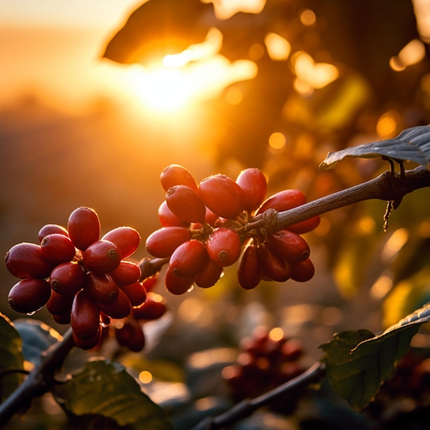 夕暮れの植物上のコーヒー豆