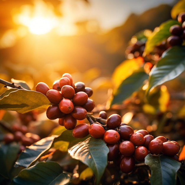 coffee beans on a plant at sunset