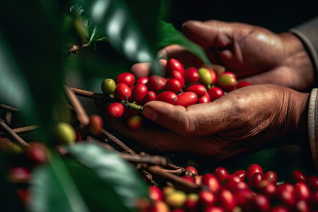 Coffee beans ripening on a branch in a coffee shop