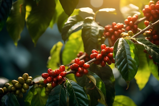 コーヒープランテーションの木の上で熟成するコーヒー豆