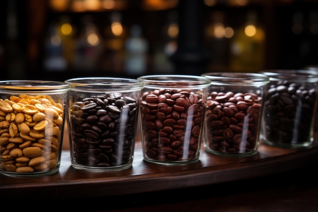 Кофейные зерна, обжаренные в разной степени, хранят в стеклянных банках.