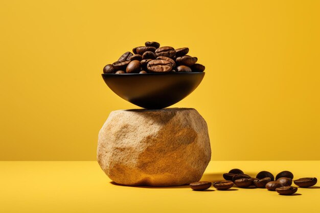 Coffee beans roasted on stone pedestal with yellow backdrop